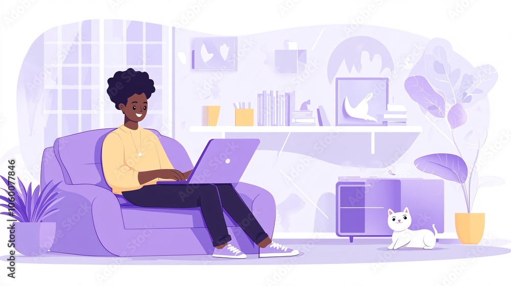 Poster employee balancing work tasks on a laptop with a child playing nearby in a living room environment w