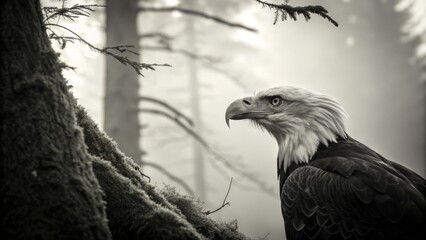 Striking Black and White Portrait of a Serene Bald Eagle Capturing Majestic Wildlife Beauty