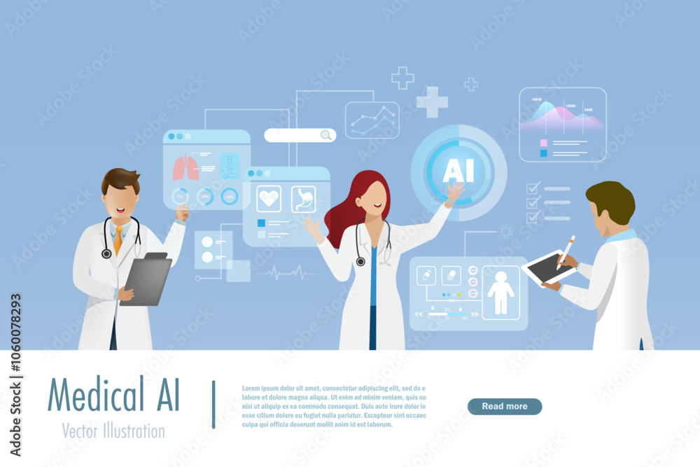 Poster doctor touch ai medical data network connecting. artificial intelligence innovation technology for d