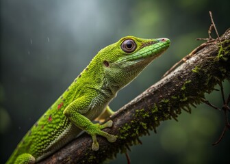 Fototapeta premium Close-Up of a Bright Green Ancylodactyla Gecko Displaying Its Vibrant Colors and Textured Skin