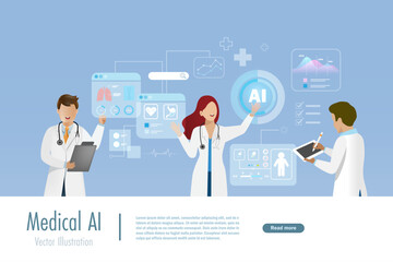 Doctor touch AI medical data network connecting. Artificial intelligence innovation technology for diagnosis, care, and increasing accuracy patient treatment. Research and development. 