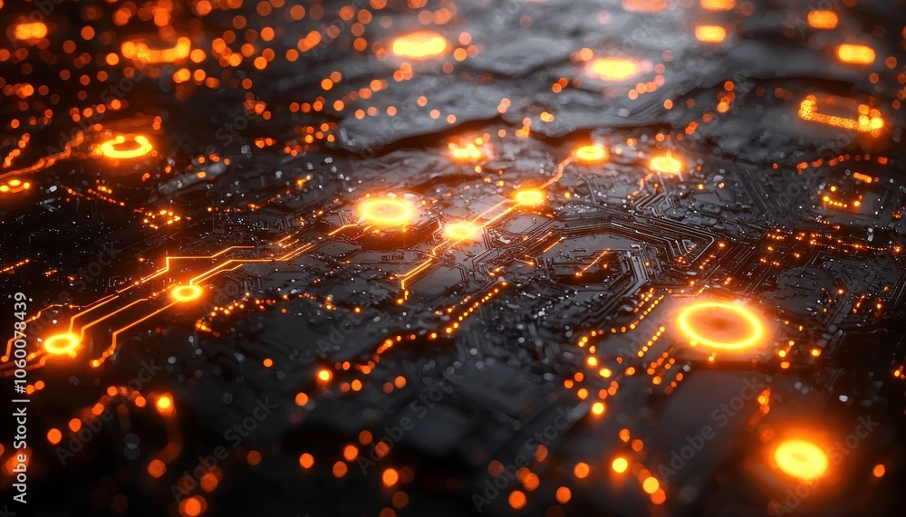 Poster abstract circuit board with glowing orange lines and lights