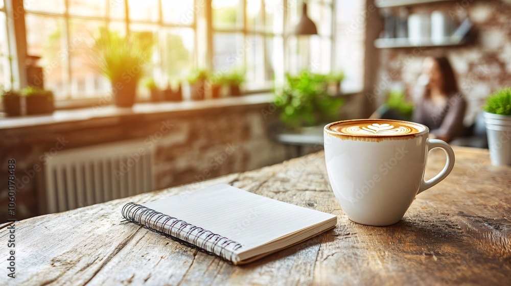 Aufkleber Freelancer in a sunlit shared workspace, focused on a video call with a coffee cup and notebooks nearby with empty space for text