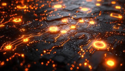 Fototapeta premium Abstract Circuit Board with Glowing Orange Lines and Lights