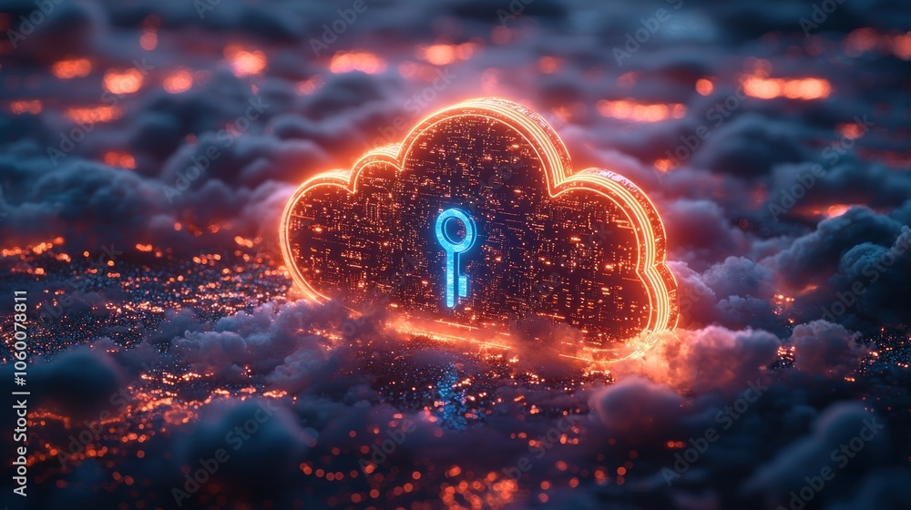 Poster glowing cloud symbol with keyhole and digital circuitry