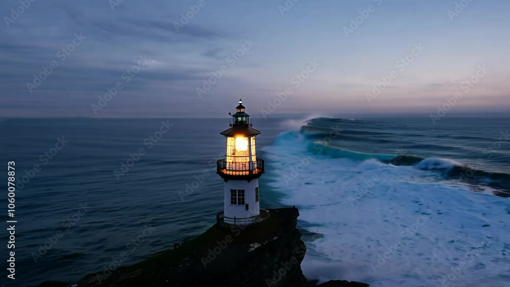 Poster camera orbiting a lone lighthouse perched on rocky cliffs at moody twilight. waves crash against the