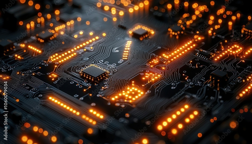 Poster illuminated circuit board with glowing components