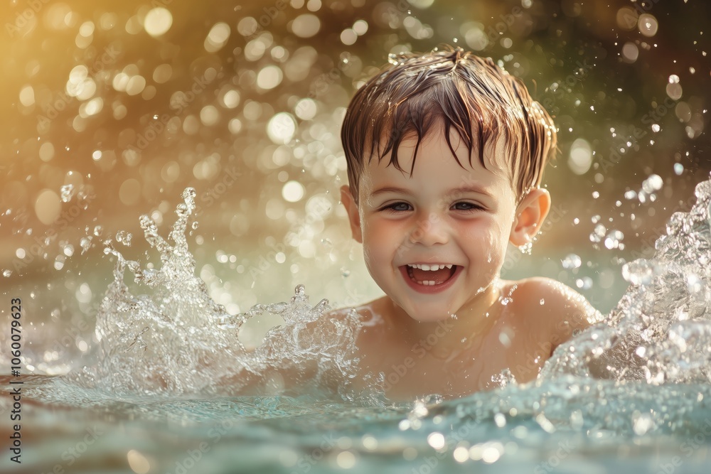 Poster joyful child having fun and making splashes in the pool