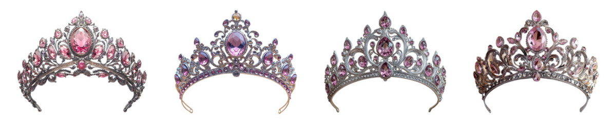 Set of ornate Silver Tiara with Pink Gemstones isolated on transparent background