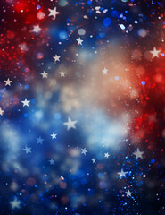 Patriotic stars with bokeh in red, blue abstract background, evoking American flag celebration spirit.