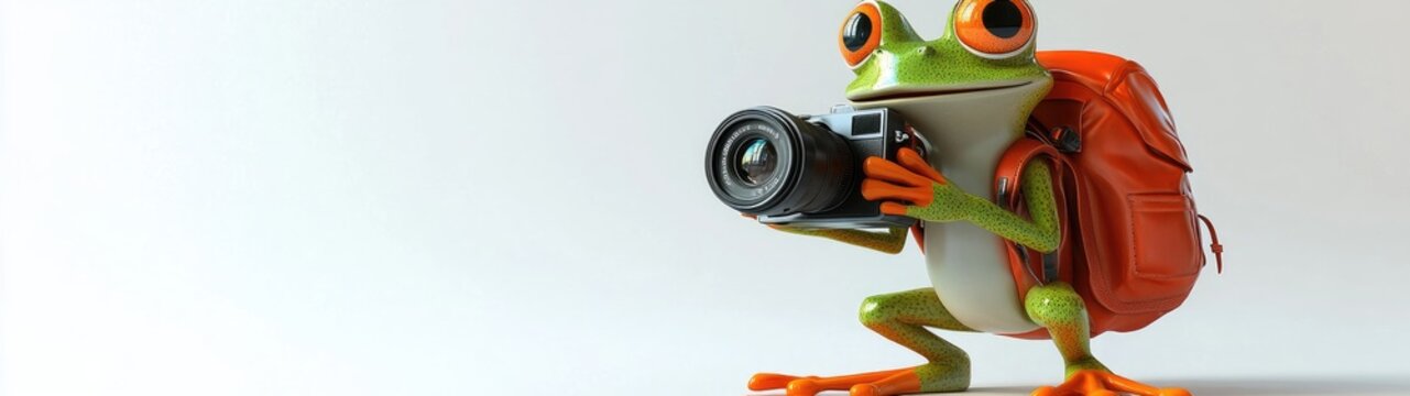 A green cartoon frog with a backpack and a camera looking to the right.