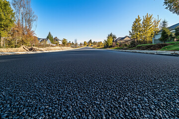 Newly constructed road with fresh asphalt in autumn.Recently poured asphalt on a forest road