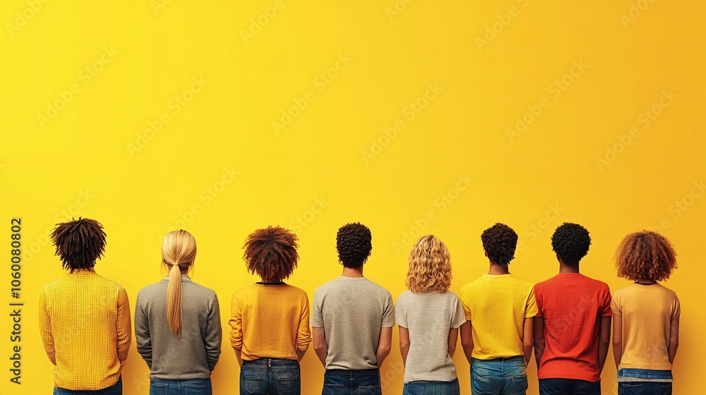 Poster Leader and diverse team gathered in a stand-up meeting, discussing goals and next steps with empty space for text