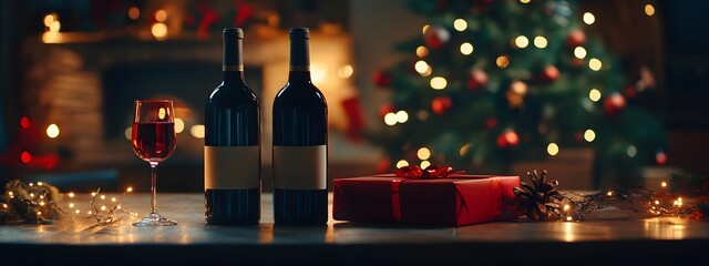 A table with two bottles of red wine and one gift box, a Christmas tree in the background, warm lighting, a red glass on top of it, the glass filled halfway, red wine in the bottles