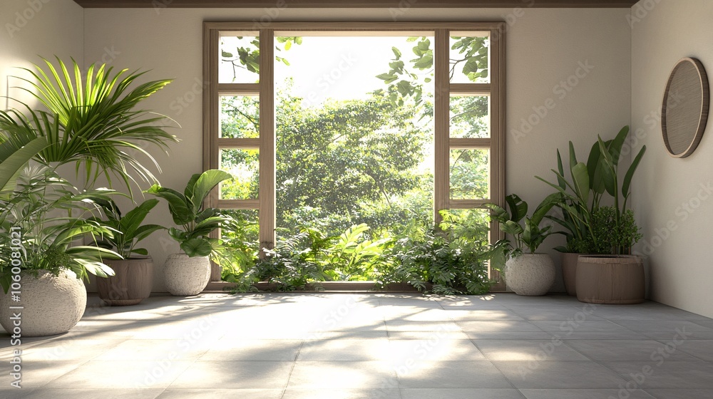 Poster Soft light streaming into a minimalistic workspace with natural wood accents and lush green plants, creating a serene, balanced atmosphere with empty space for text