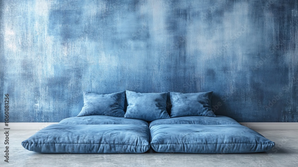 Poster Cozy nook with soft cushions and gentle textures, set up for mindfulness breaks within a tranquil workspace with empty space for text