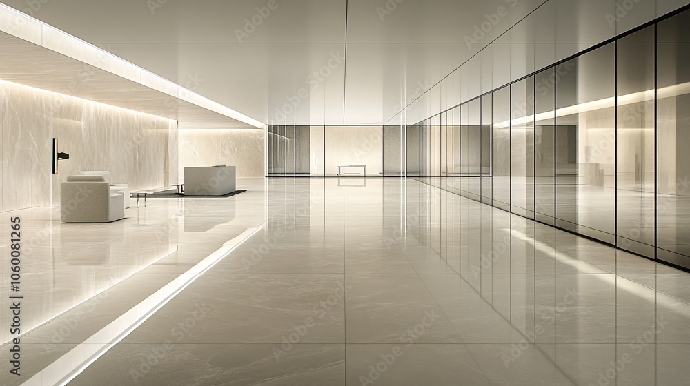 Poster neutral-toned office with clean lines, white walls, and subtle decor pieces, fostering a calming and