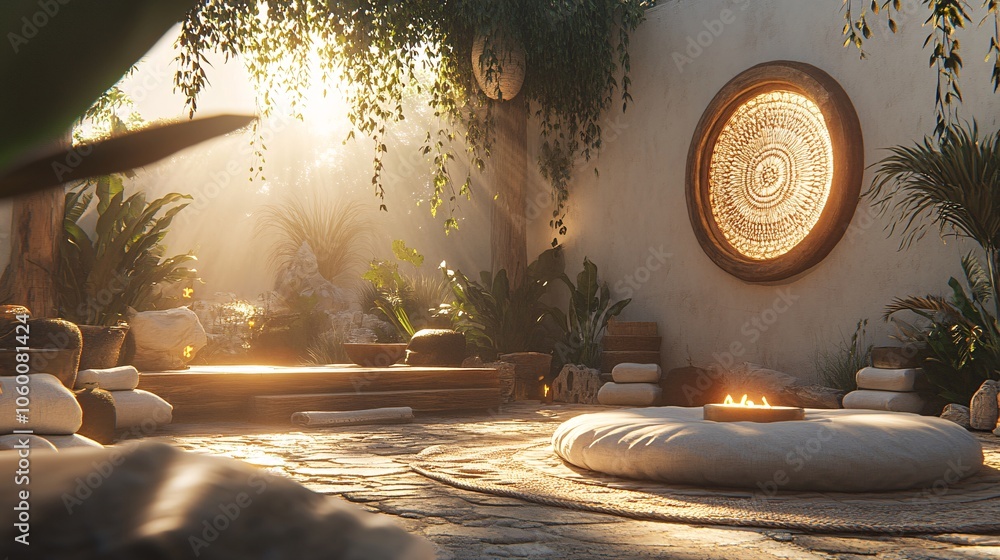 Fototapete Cozy nook with soft cushions and gentle textures, set up for mindfulness breaks within a tranquil workspace with empty space for text