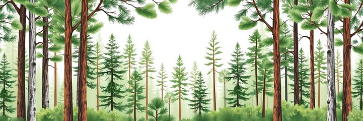Fototapeta premium Beautiful pine tree wallpaper featuring lush green trees against a backdrop of a clear blue sky, forest, scenic