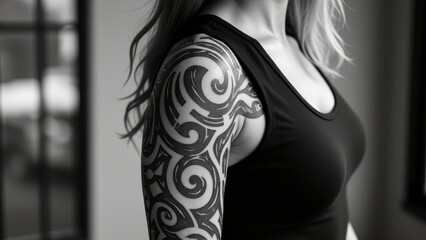 Naklejka premium Unique Japanese-style arm sleeve tattoo designs with delicate details and deep black and white contrast.