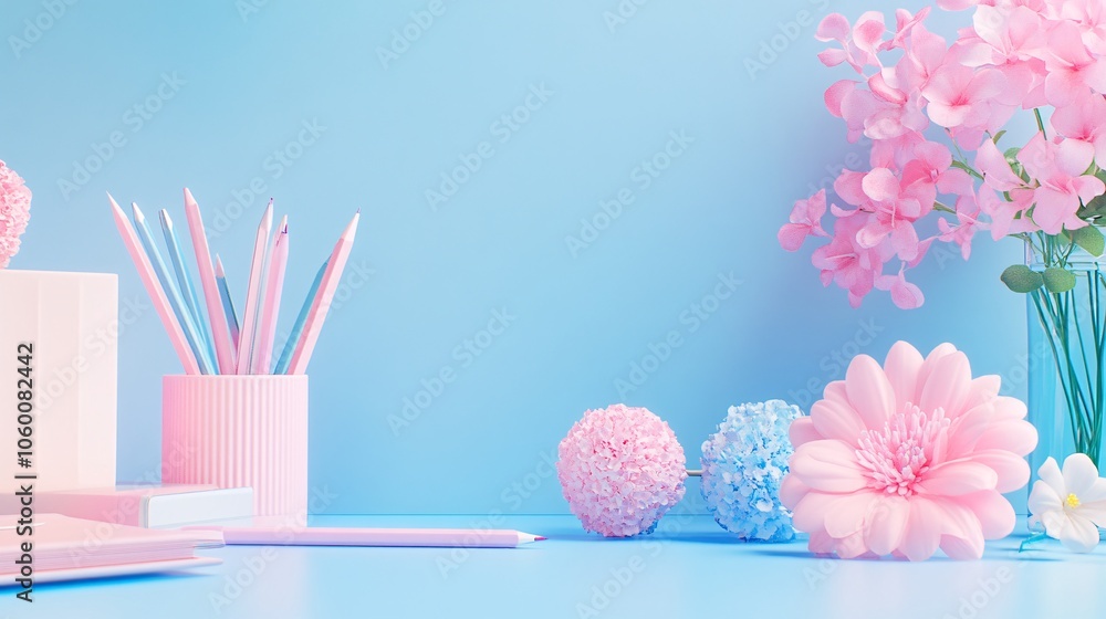 Aufkleber wide desk space with a few carefully chosen decor items in calming colors, designed to support focus