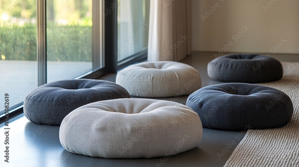 Aufkleber Mindfulness area with comfortable floor cushions, soft textures, and a natural color palette, creating a balanced environment for relaxation with empty space for text
