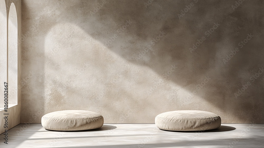 Poster Mindfulness area with comfortable floor cushions, soft textures, and a natural color palette, creating a balanced environment for relaxation with empty space for text