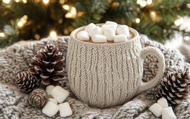 Nordic Cozy Christmas: A cozy, hygge-inspired background with knitted textures, pine cones, and a cup of hot cocoa topped with marshmallows. 