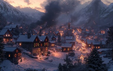 Fototapeta premium Snowy Village: A beautiful, snowy Austrian tirol village scene at dusk with Christmas lights glowing from cozy houses, wreaths on doors, and smoke rising from chimneys.