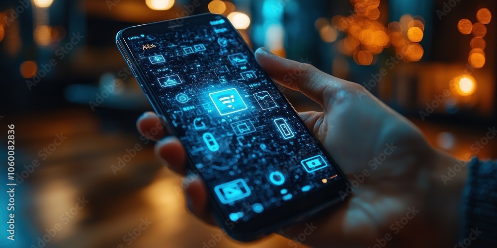Poster hand holding smartphone with glowing wifi icon and digital interface