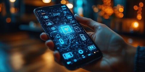 Hand Holding Smartphone with Glowing Wifi Icon and Digital Interface