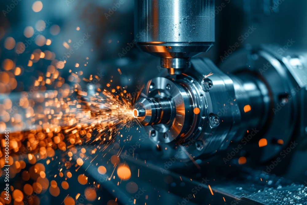 Poster high precision cnc turning machine in operation, creating metal components with sparks at a manufact