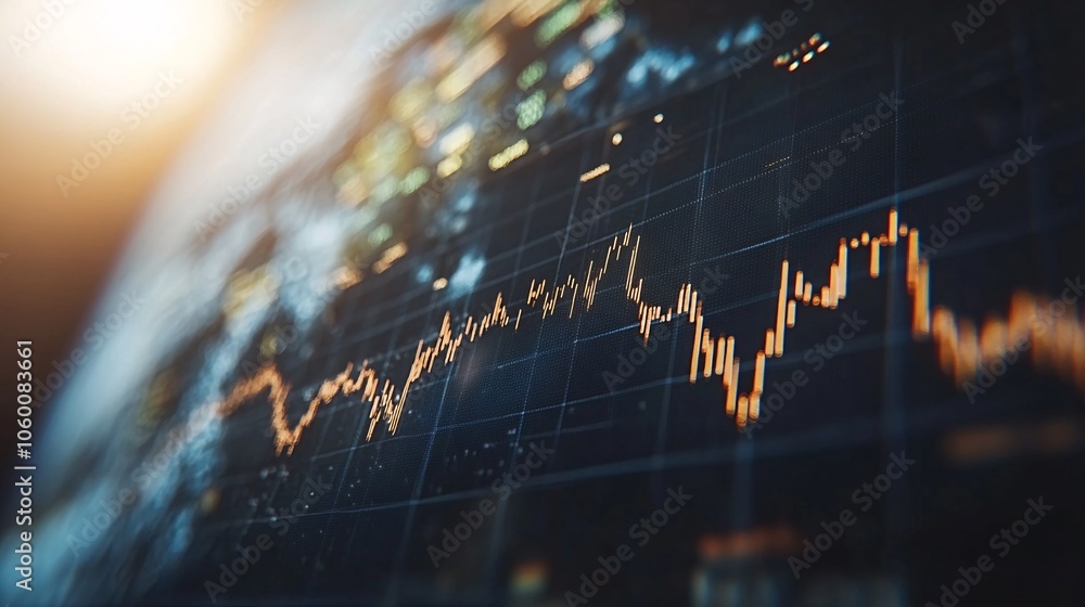 Aufkleber Graph of rising inflation rates displayed on a futuristic screen, with stock price indicators and global financial data reflecting current economic uncertainties with empty space for text