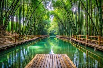 Clear water, bridge, lush bamboo forest