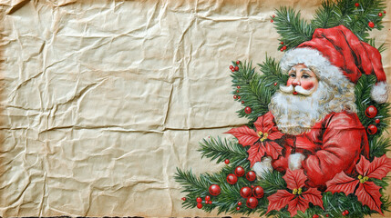 Fototapeta premium Vintage Victorian style Christmas background with Santa Claus and holiday decorations.Festive Victorian Christmas card on antique sienna or sepia colored paper for holiday decorations and invitations