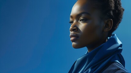 Portrait of a Young Black Woman with Blue Scarf Against a Solid Blue Background