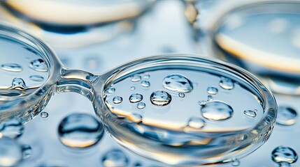 Close-up of eyeglass lenses with water droplets on the surface, capturing each drop's detail in natural, soft lighting.
