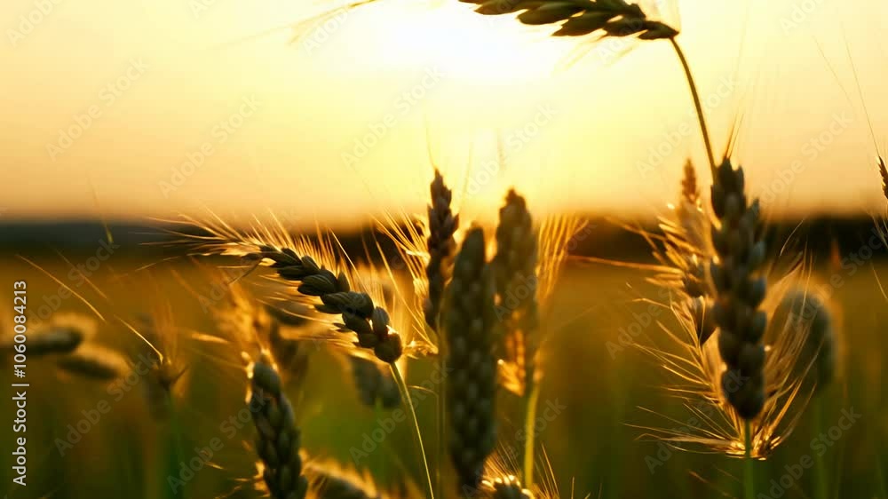 Poster Golden hour macro video of wheat swaying in a field with smooth tilt and focus pull
