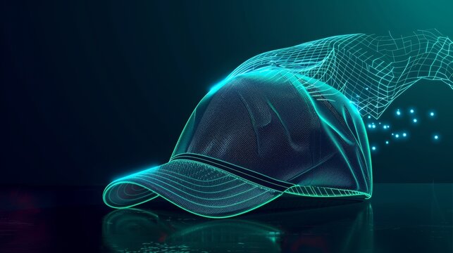 Digital Baseball Cap with Abstract Wireframe and Light Particles