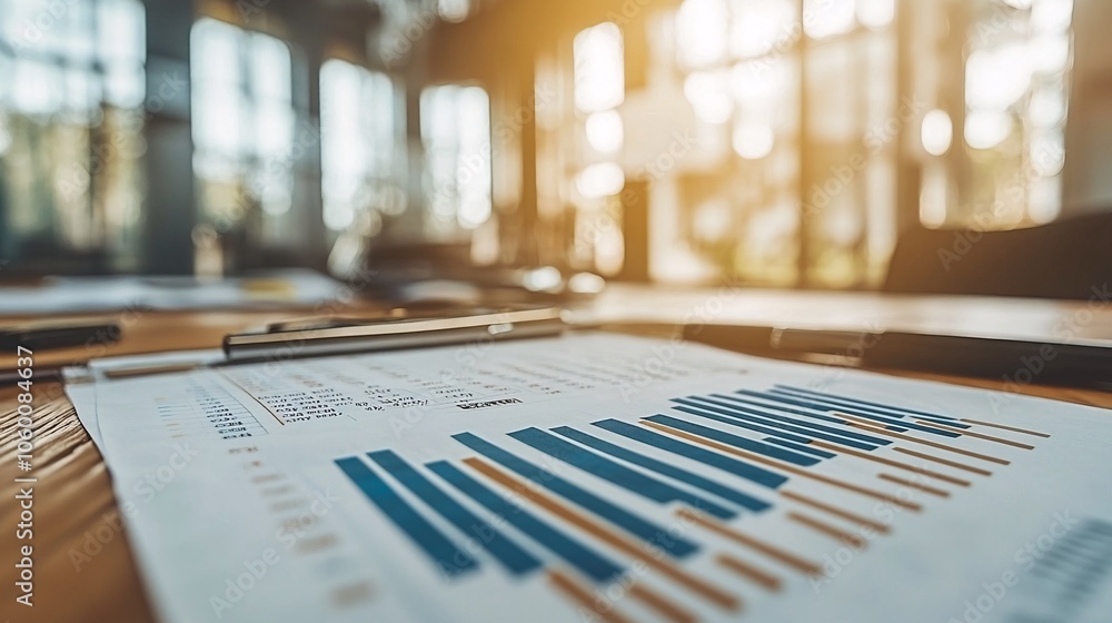 Aufkleber Focus on a financial document showing projected growth percentages and inflation statistics, displayed on a desk with financial tools and empty space for text