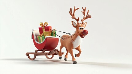 Fototapeta premium Cheerful Reindeer Pulling Sleigh With Colorful Presents