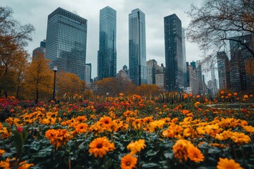 Obraz premium Autumn flower bed in a city memorial park surrounded by skyscrapers on a cloudy day