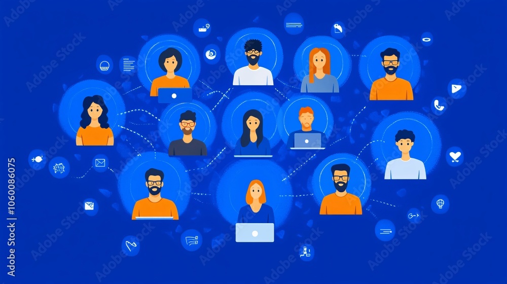 Poster Hybrid work setup showing diverse teammates collaborating via laptops and video calls with empty space for text