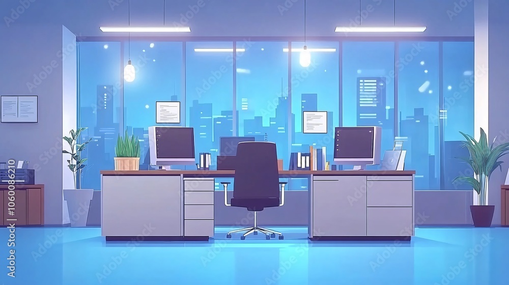Poster Remote meeting between in-office employees and virtual team members on screens with empty space for text