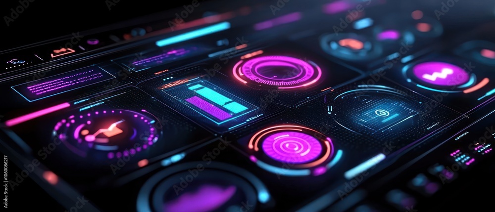 Aufkleber Futuristic Interface with Neon-lit Controls and Data Displays