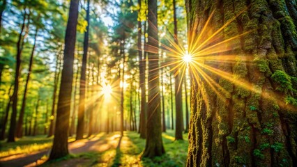 Obraz premium Sunlight filtering through dense forest creating a mesmerizing ray of light