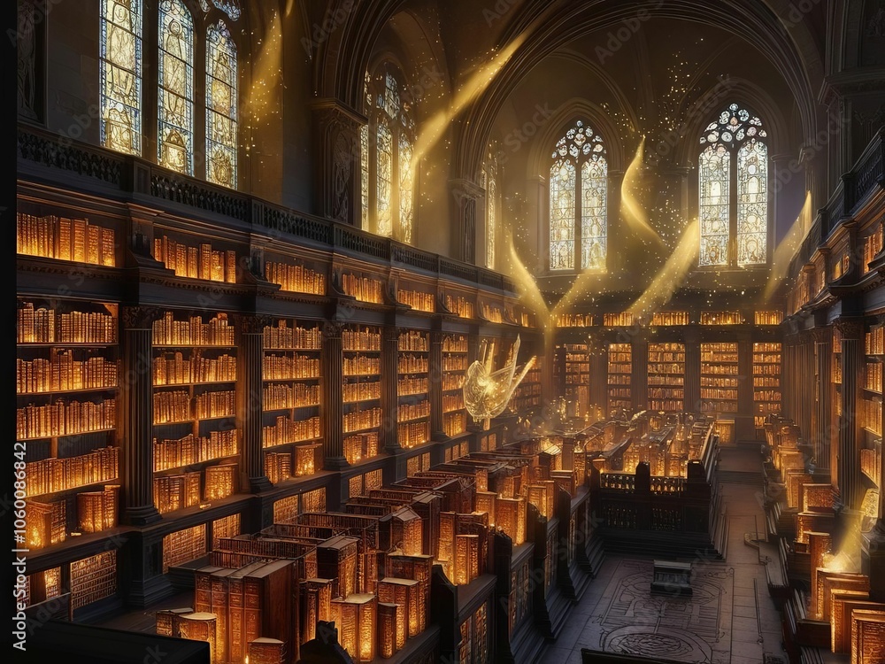 Aufkleber a mystical library experience a journey through time and knowledge illuminated by enchanting lights 
