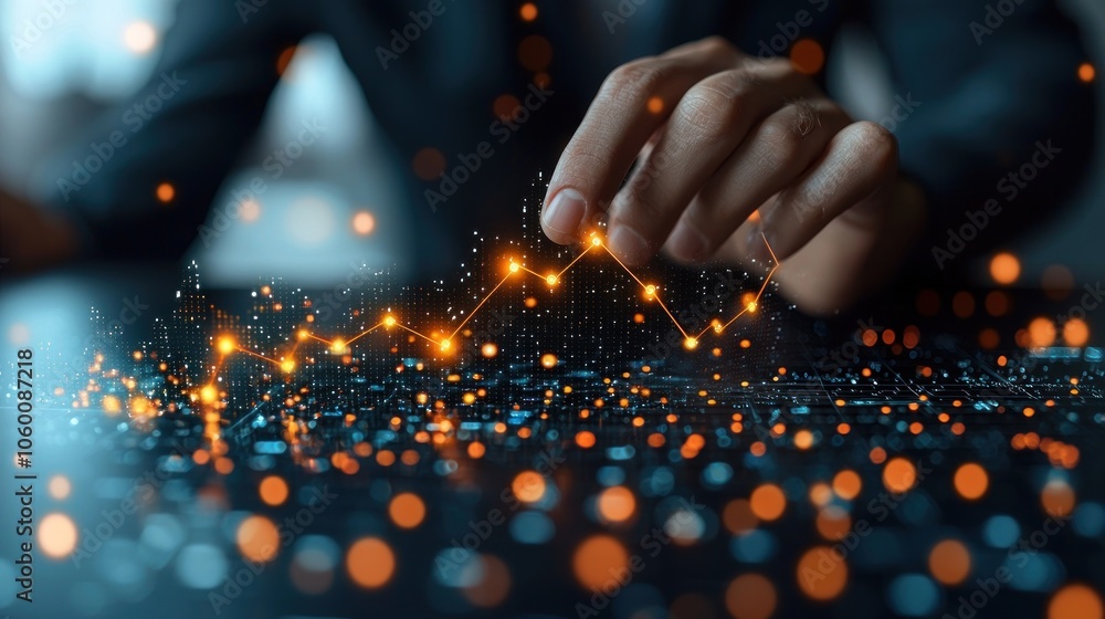 Poster Hand Interacting with Digital Data Visualization of an Upward Trend