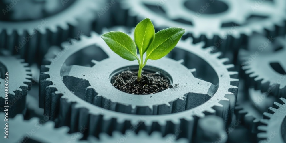 Poster a green sprout growing from a set of interlocking gears