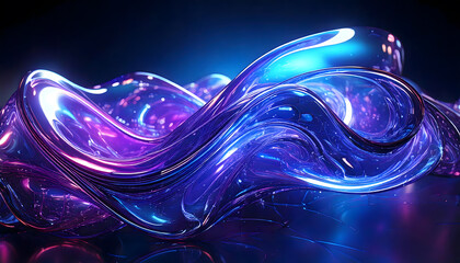 Abstract art fluid shapes reflecting blue and purple light and color with a gloss.
